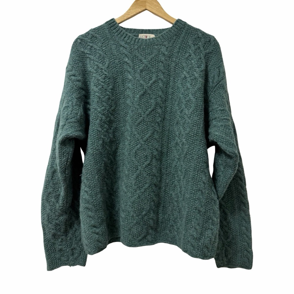Vintage 90s J Crew Mens Oarsman Fisherman Cable Knit Wool Sweater Size L Green